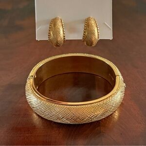 Vintage Monet Bangle Bracelet & Hoop Earrings Set; Tectured Gold Tone